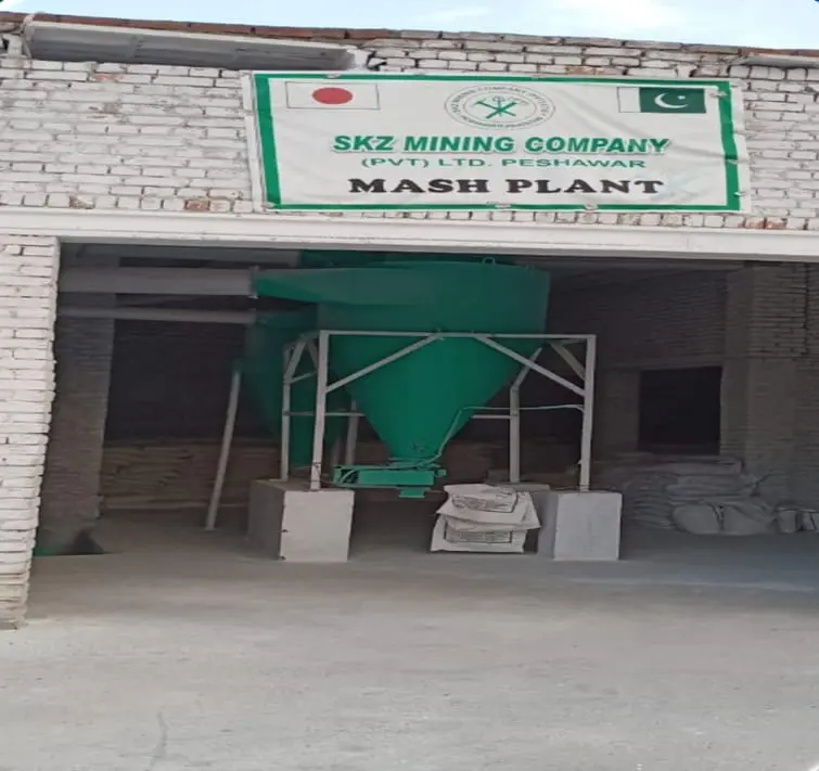 A green hopper beneath a signboard reading SKZ Mining Company (Pvt) Ltd. Peshawar, Mash Plant
