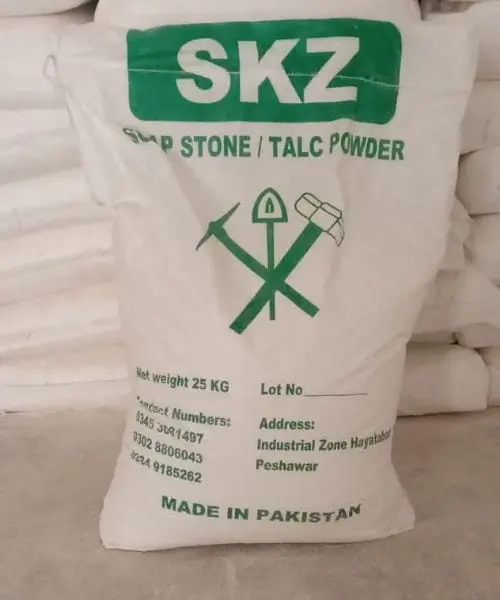 A white SKZ bag printed Soap stone / talc powder, net weight 25 kg